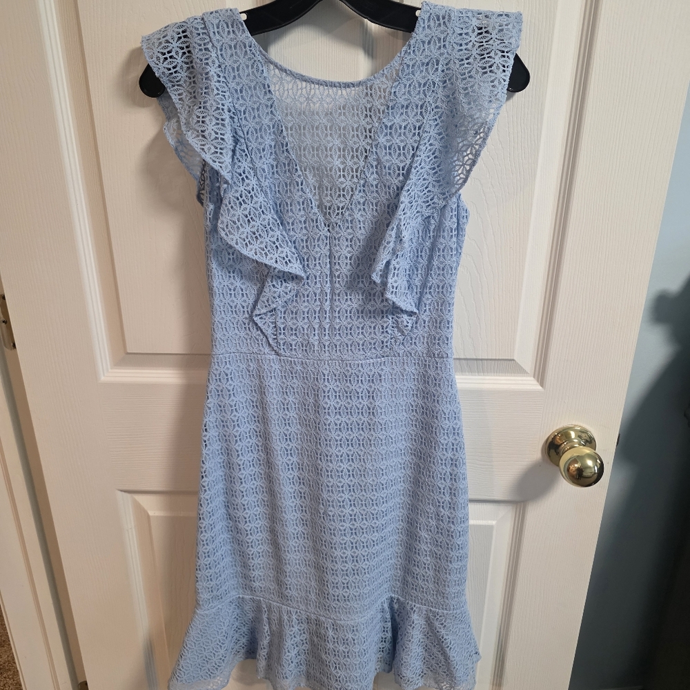 Guess Light Blue Lace Ruffle Midi Dress